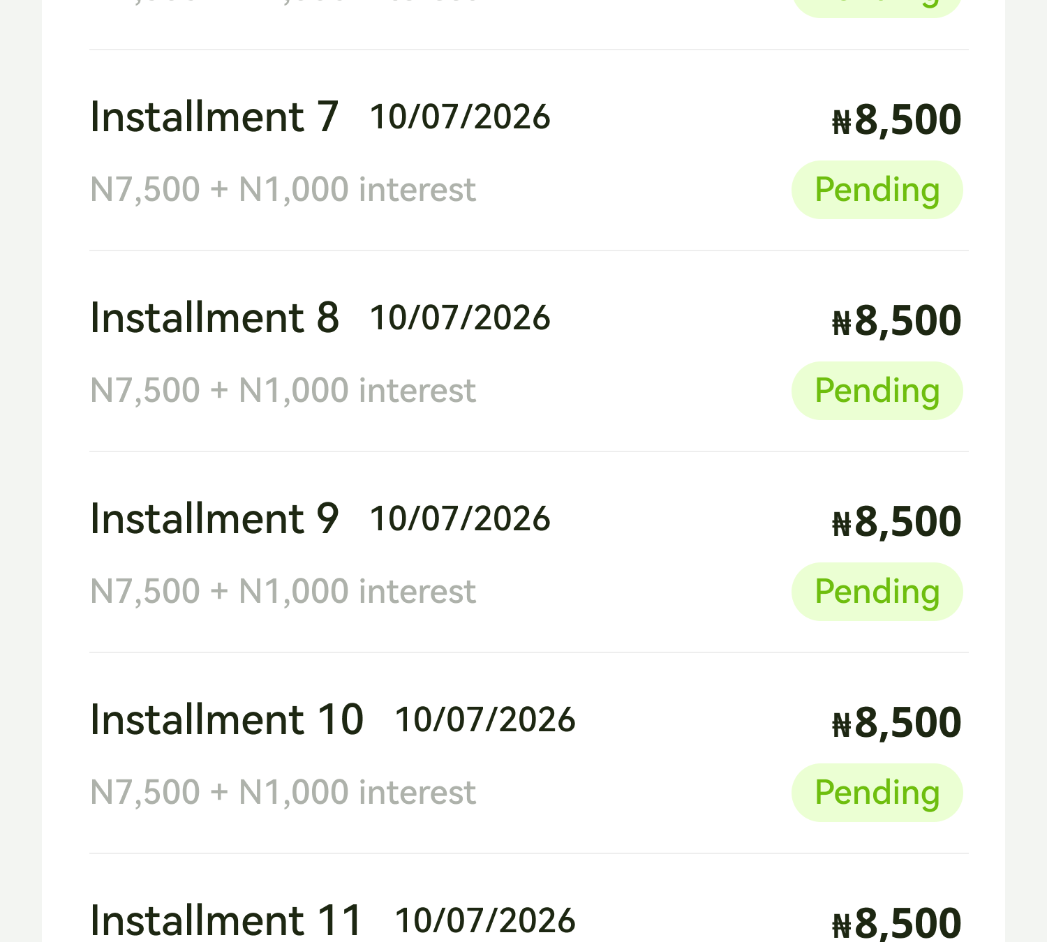 PocketBuy instalment schedule showing normal pending payments