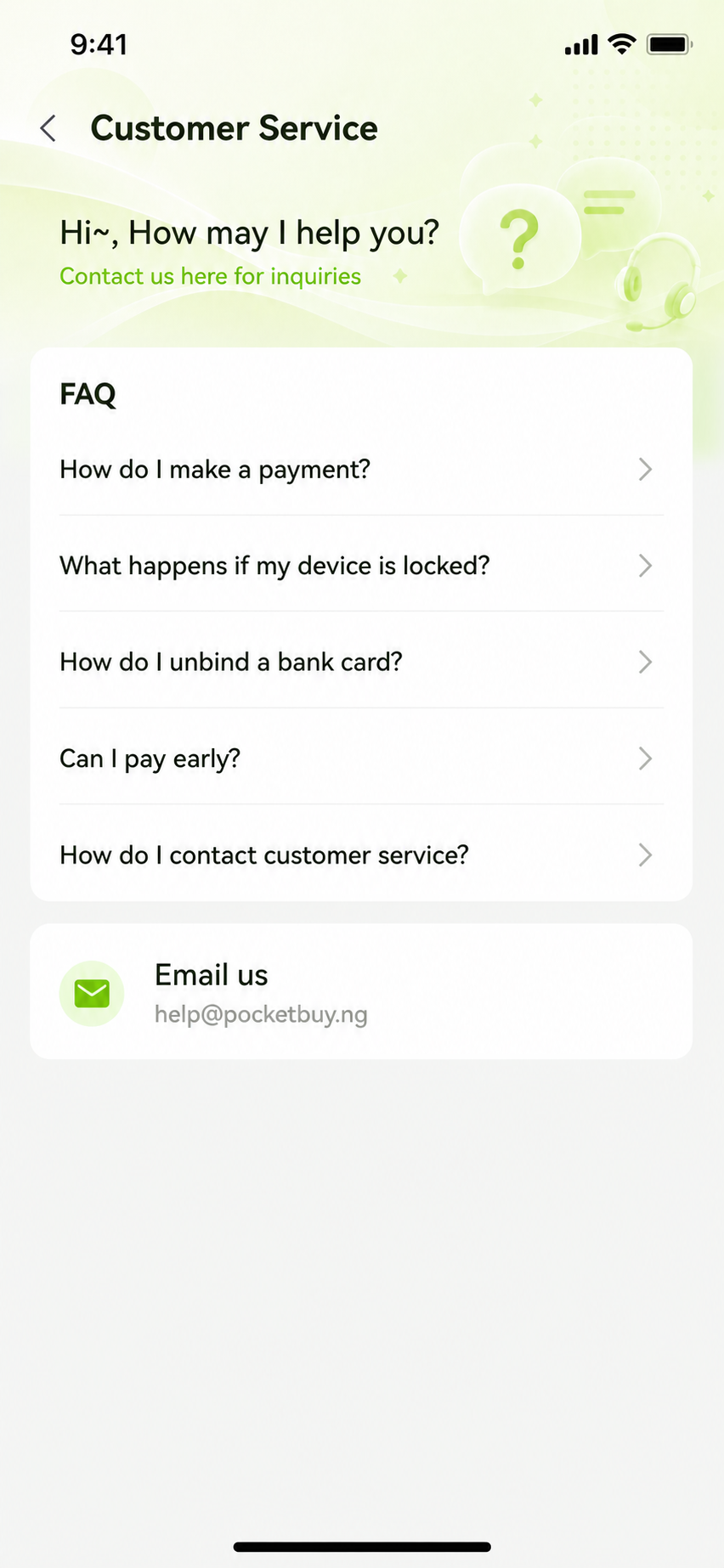 PocketBuy customer support screen