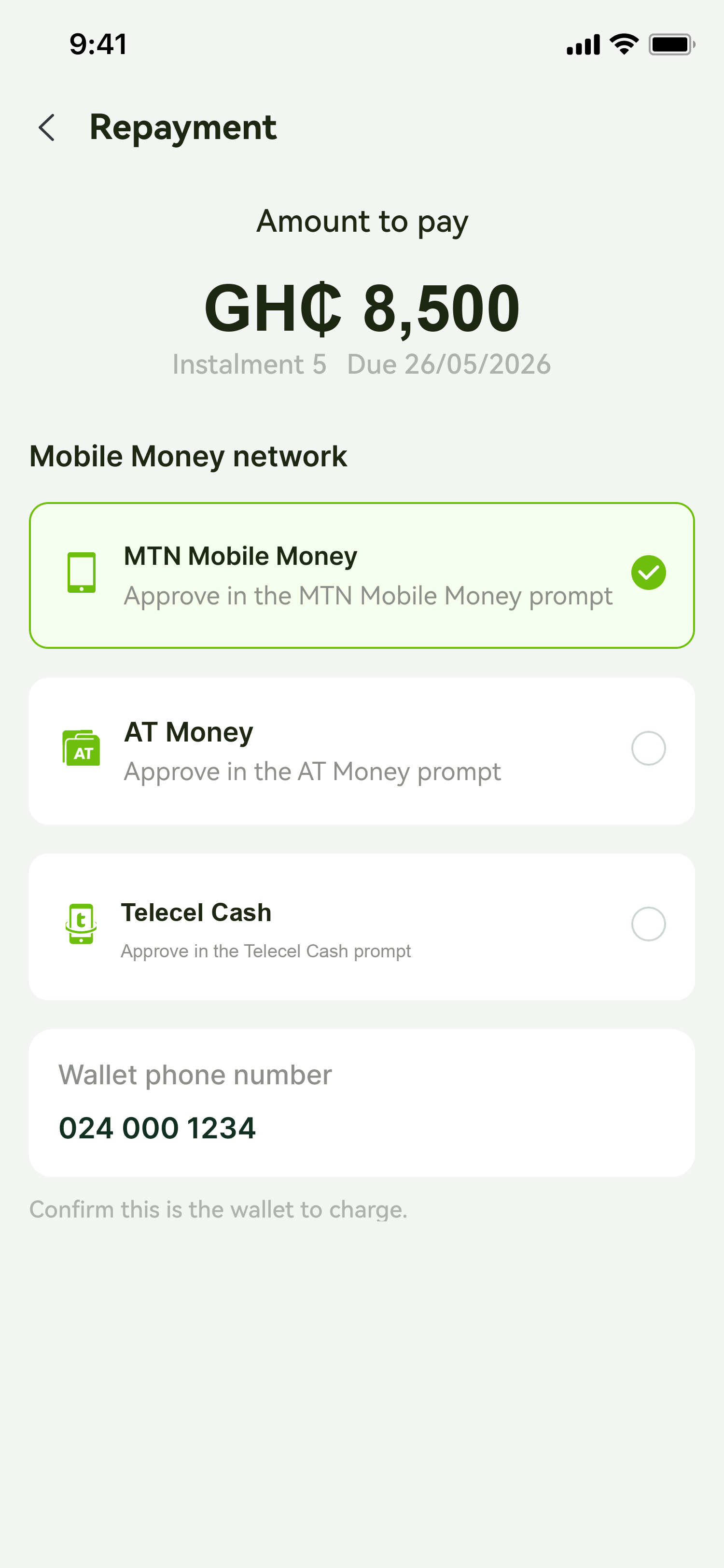 PocketBuy repayment channels screen