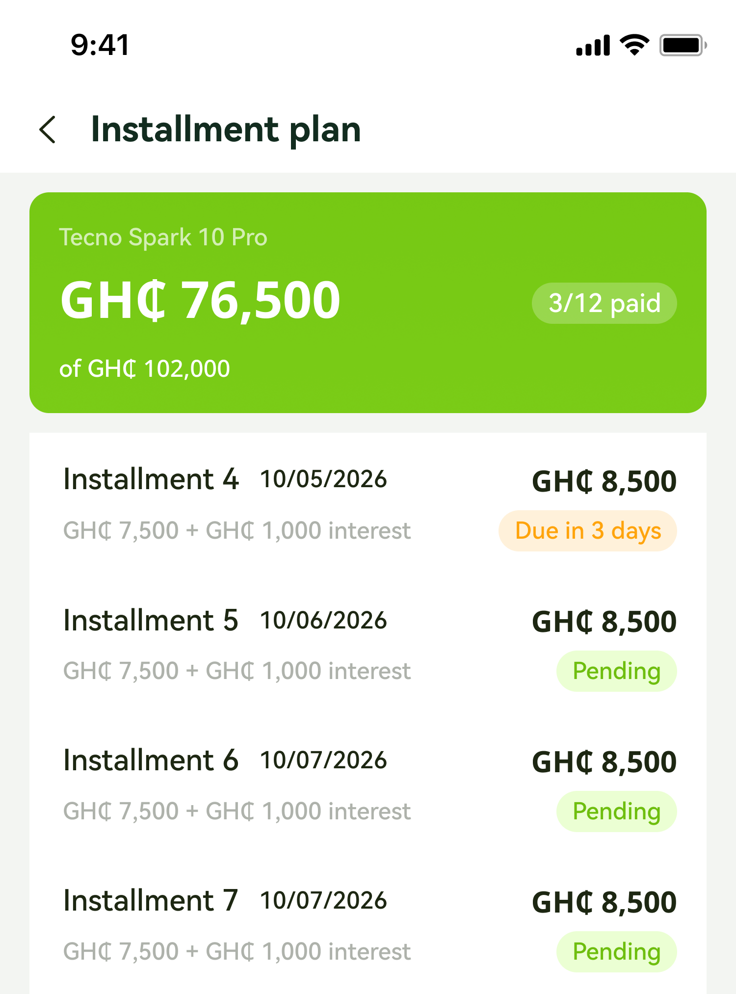 PocketBuy instalment schedule showing normal pending payments